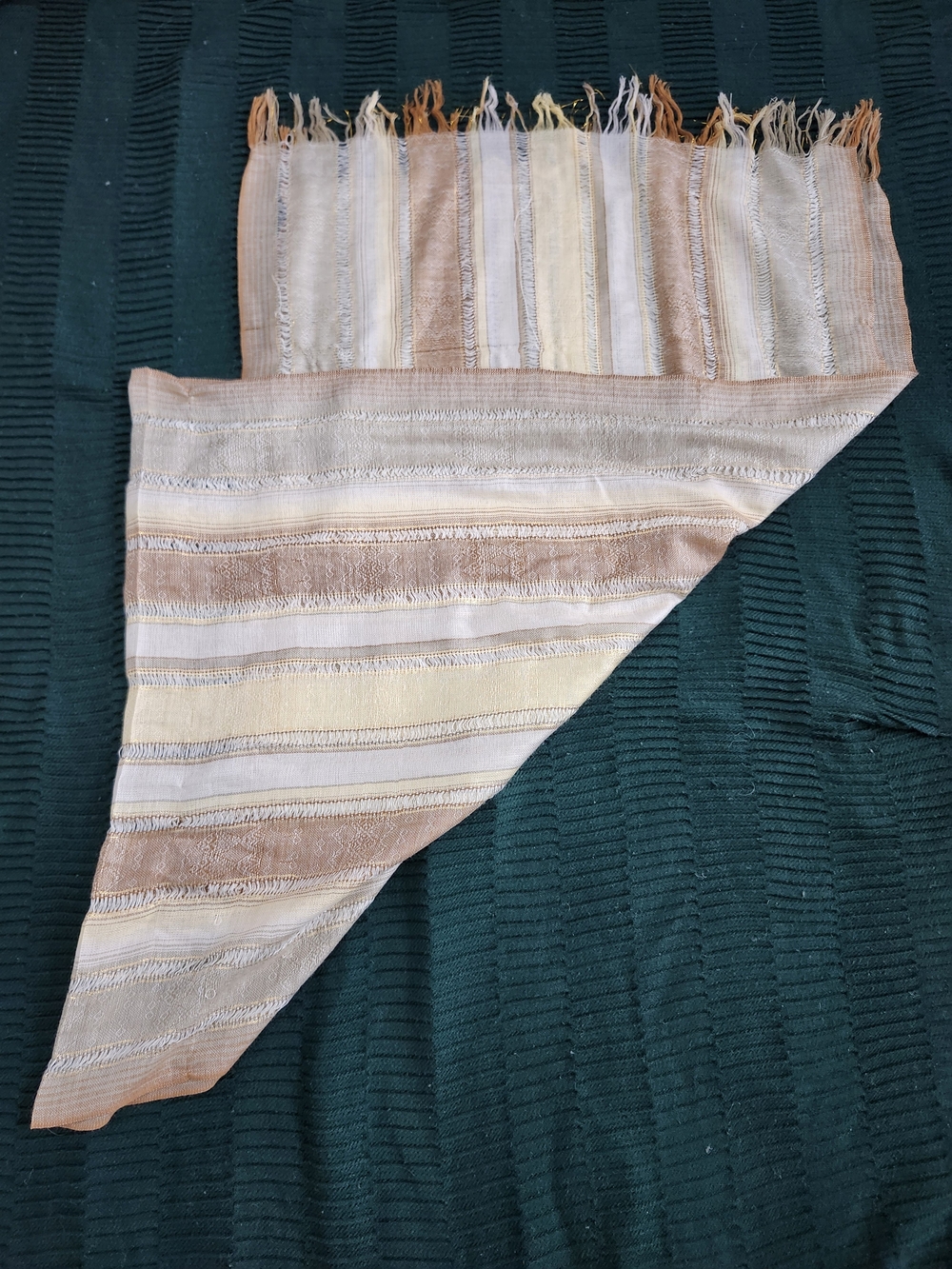 Striped Fringed Scarf in Cream, Beige & Tan Peurvian Metallic